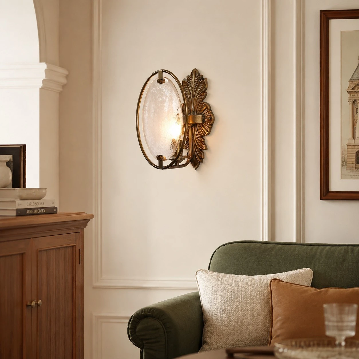 Antique brass textured glass wall sconce installed in a living room