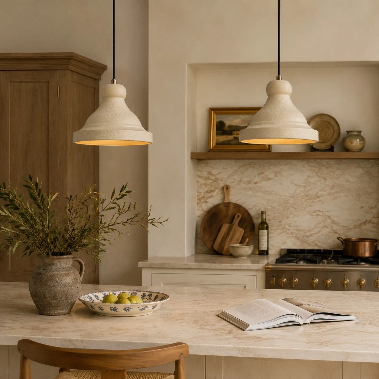 Beige metal pendant lamp in a kitchen nook scene