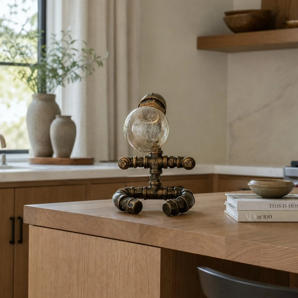 Industrial globe pipe lamp on a console table