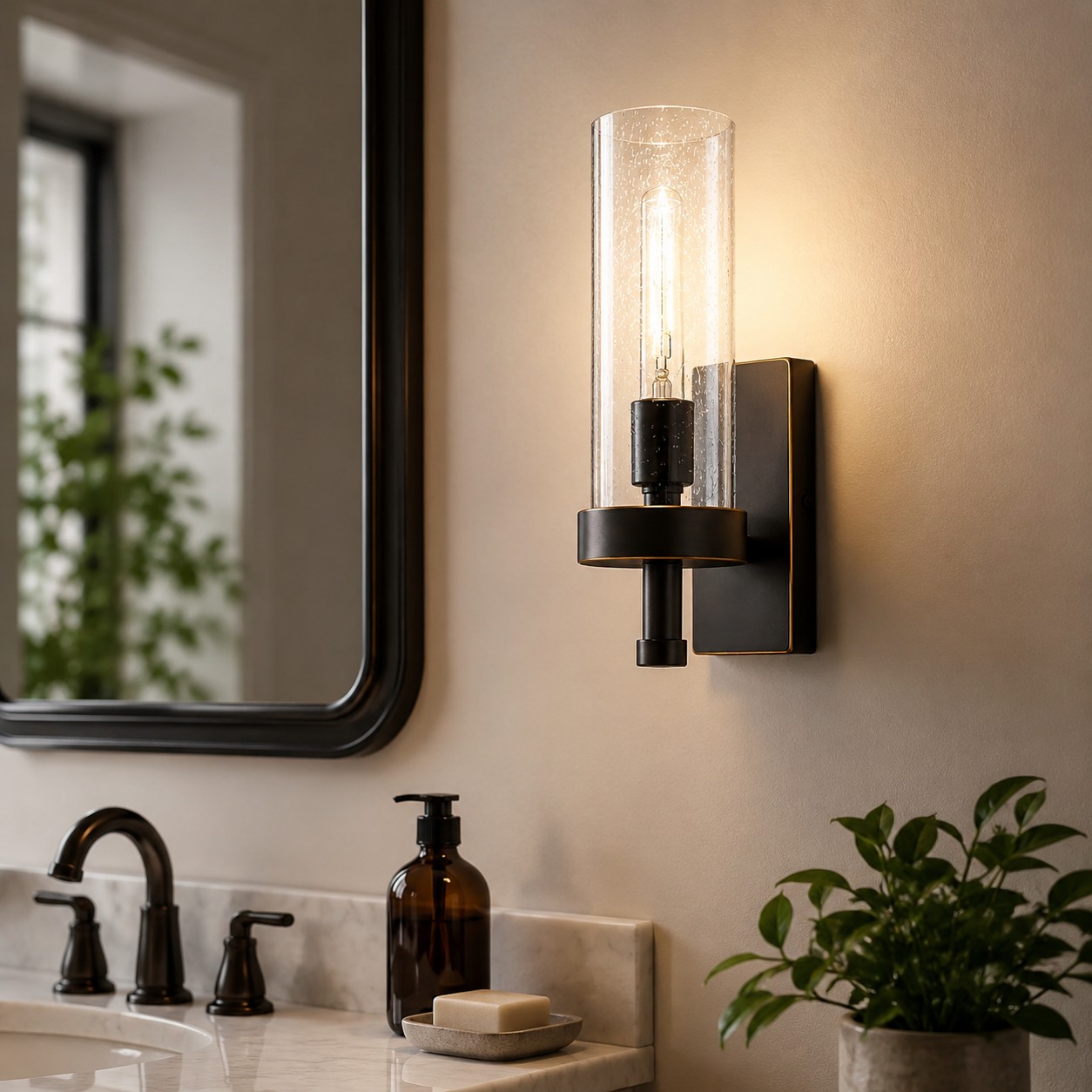Wall sconce beside mirror and sink
