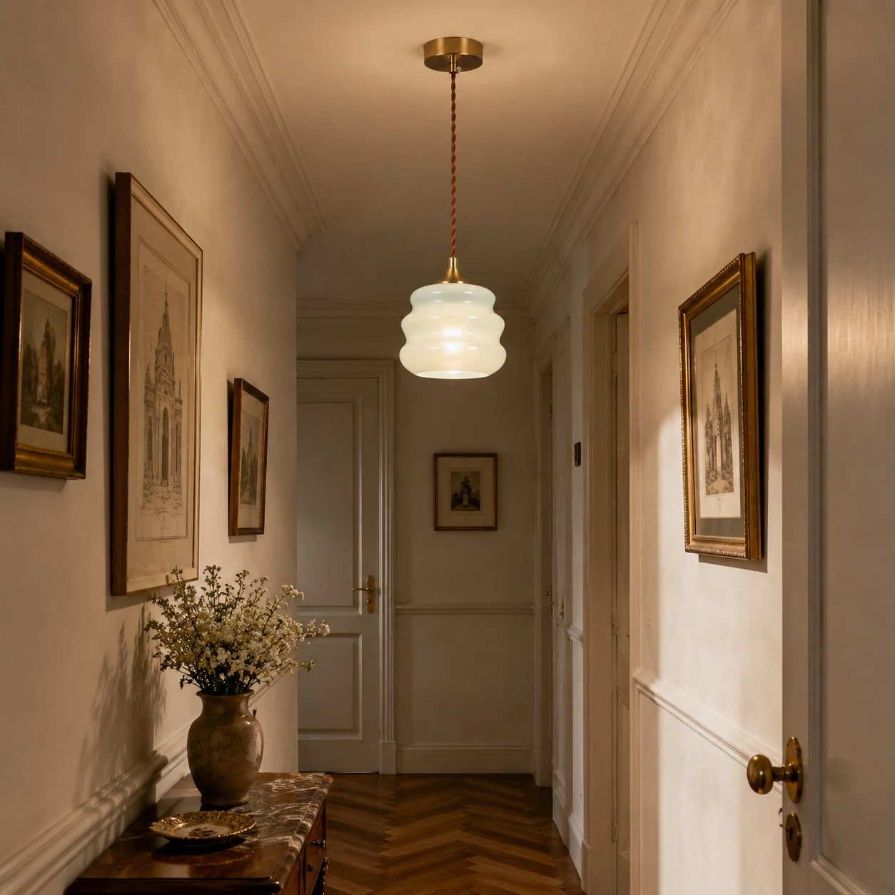 Pendant light glowing in a hallway