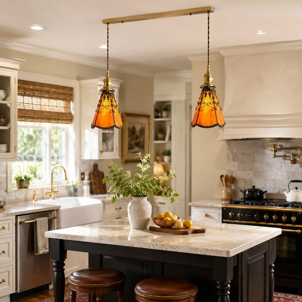 orange red two-light kitchen island scene