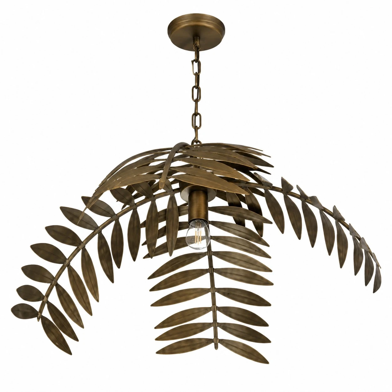 Single layer antique bronze palm leaf chandelier on a white background