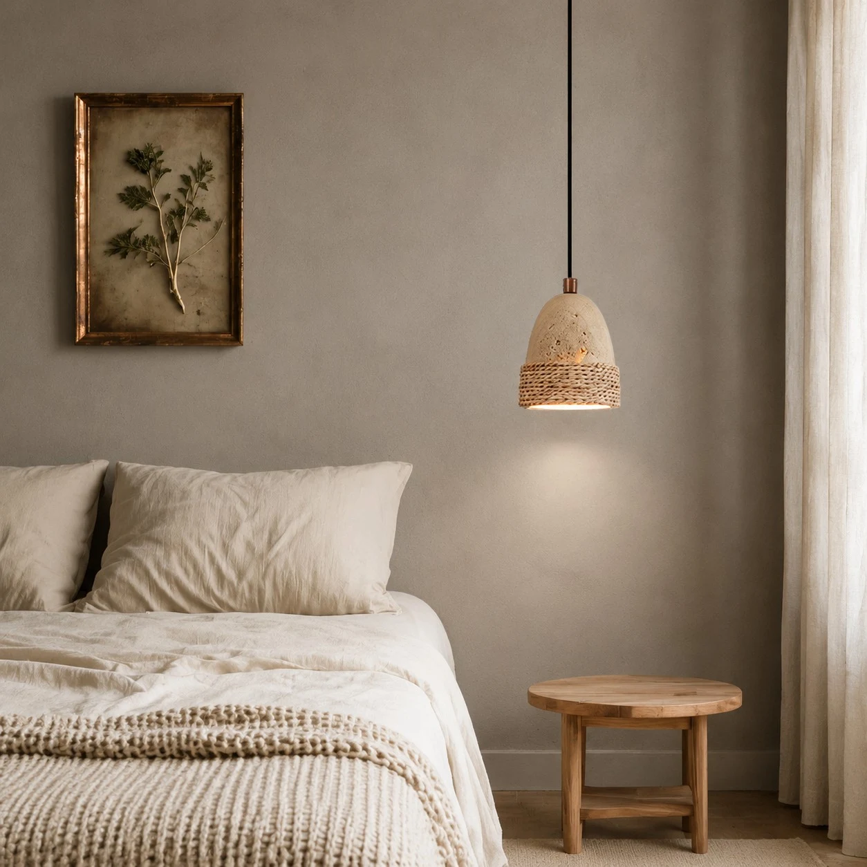 Wabi-sabi woven stone pendant light installed beside a bed