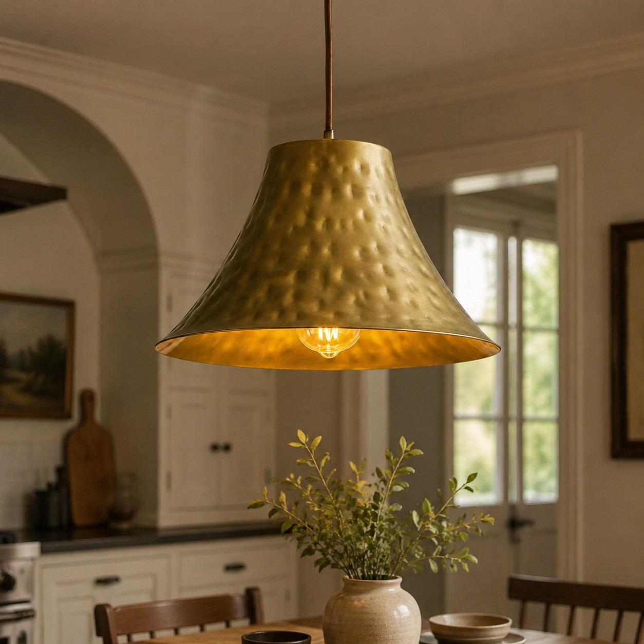 Large hammered brass pendant light above a kitchen table