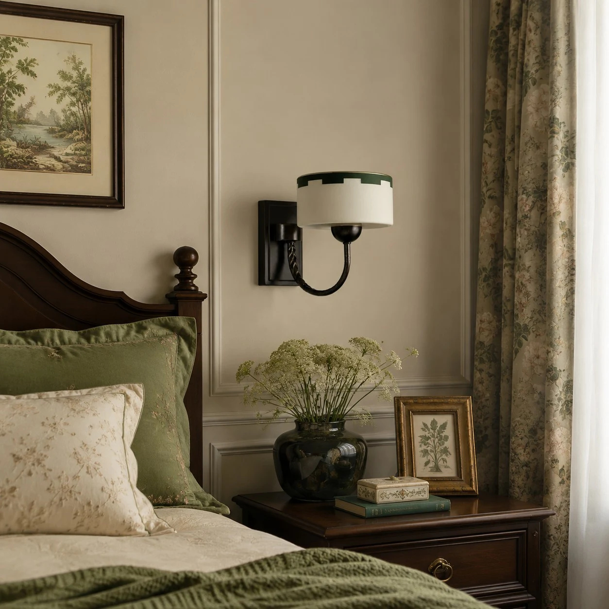 Pale Beige wall sconce mounted beside a bed