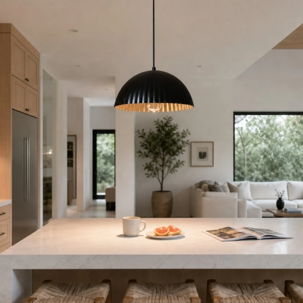 Black metal pendant lamp in an open kitchen and living space