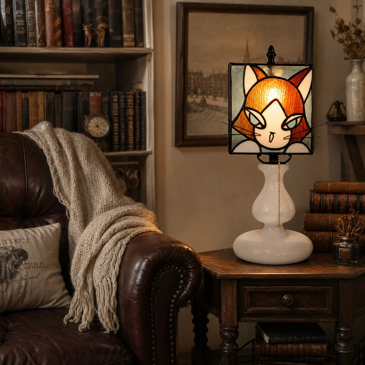 Orange yellow cat lamp styled beside a leather chair and books