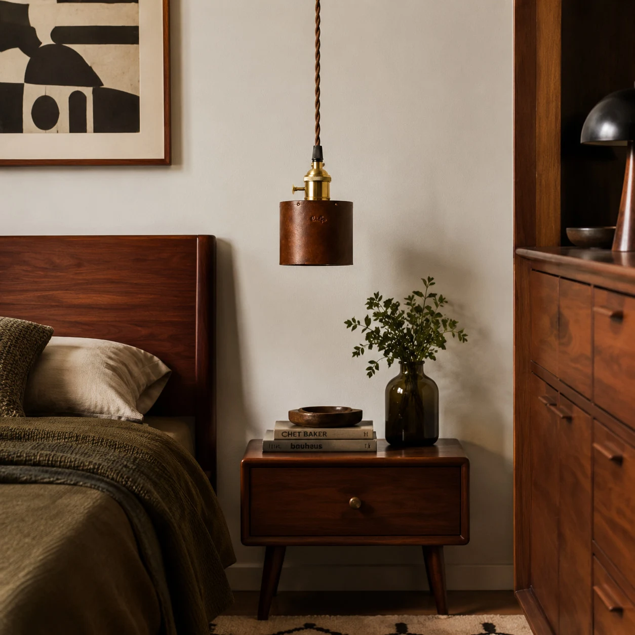 Brown leather pendant lamp above a bedside table