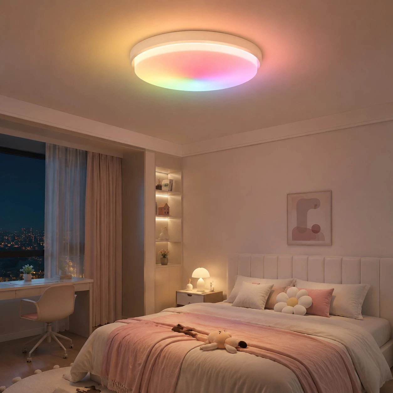 White ceiling lamp in a cream bedroom with sunset glow