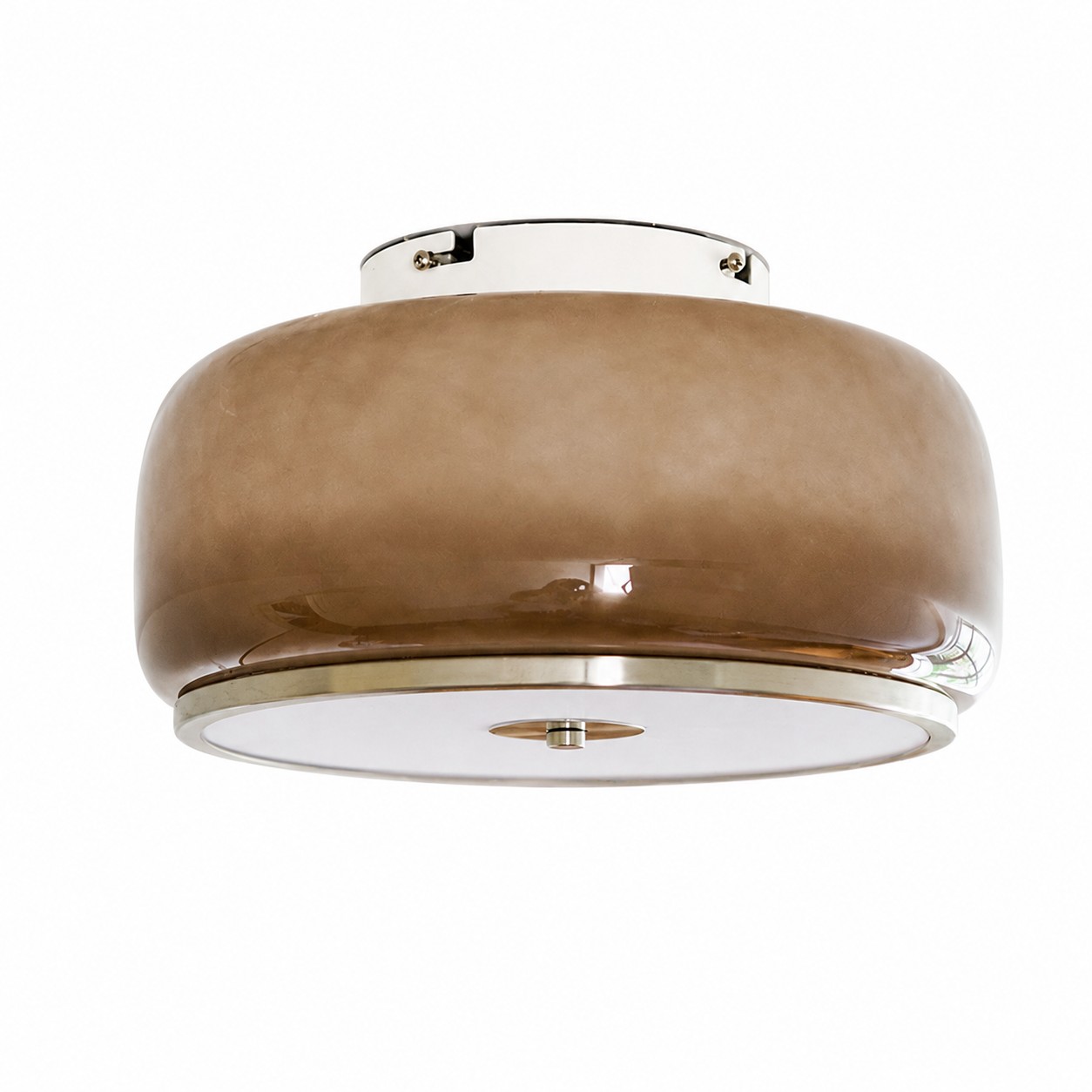 Amber brown glass Bauhaus flush-mount ceiling light on white background