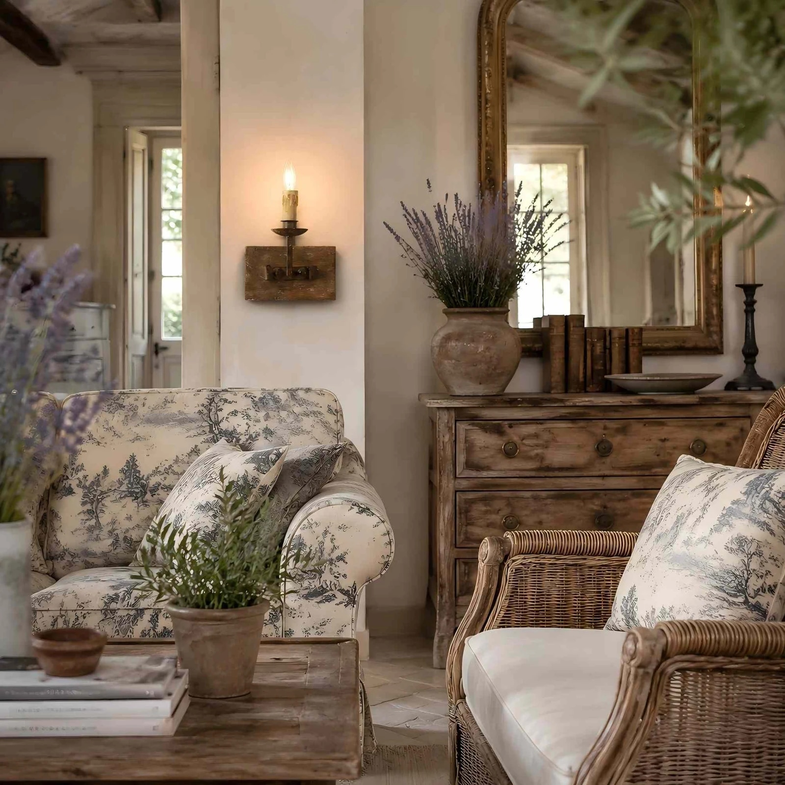 Single rustic candle wall light adding warm ambience in a country style room