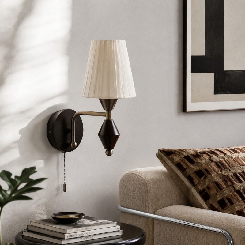 Sofa-side scene with ash wood glass wall sconce