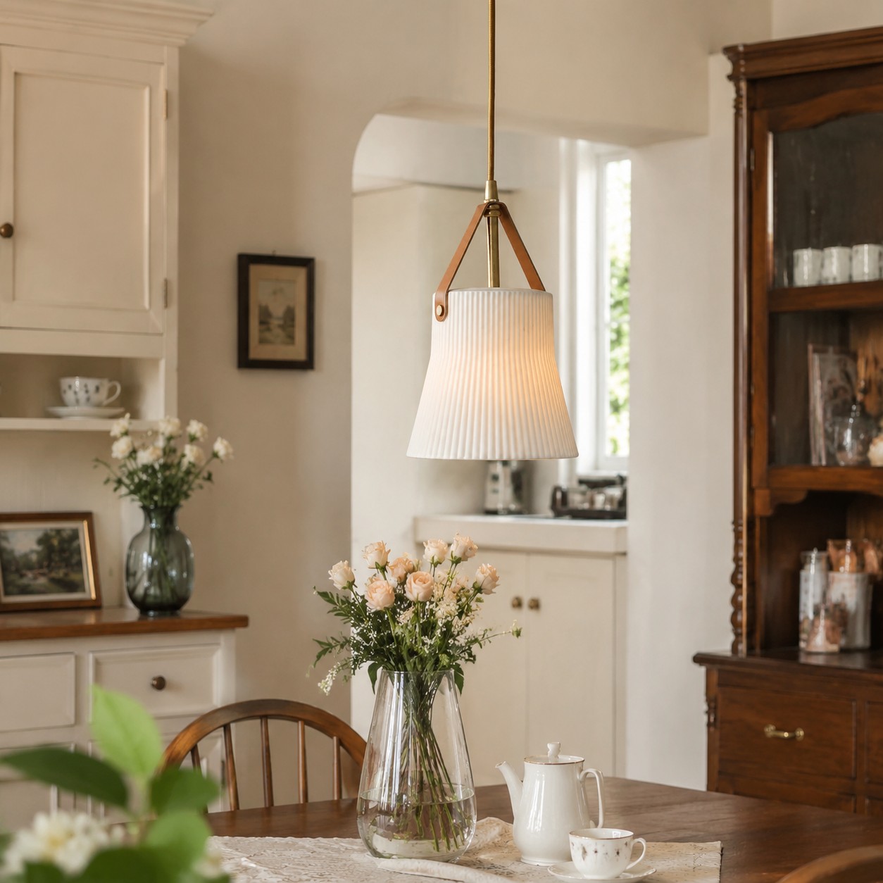 Warm room scene with ceramic pendant light