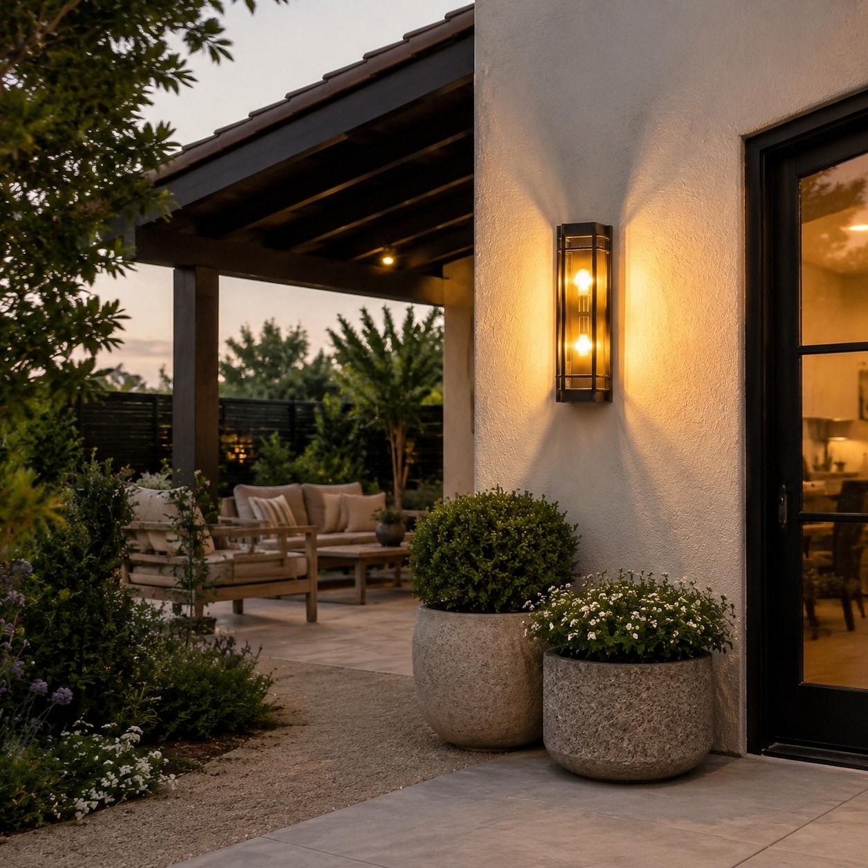 Black glass outdoor wall sconce outdoor installation scene
