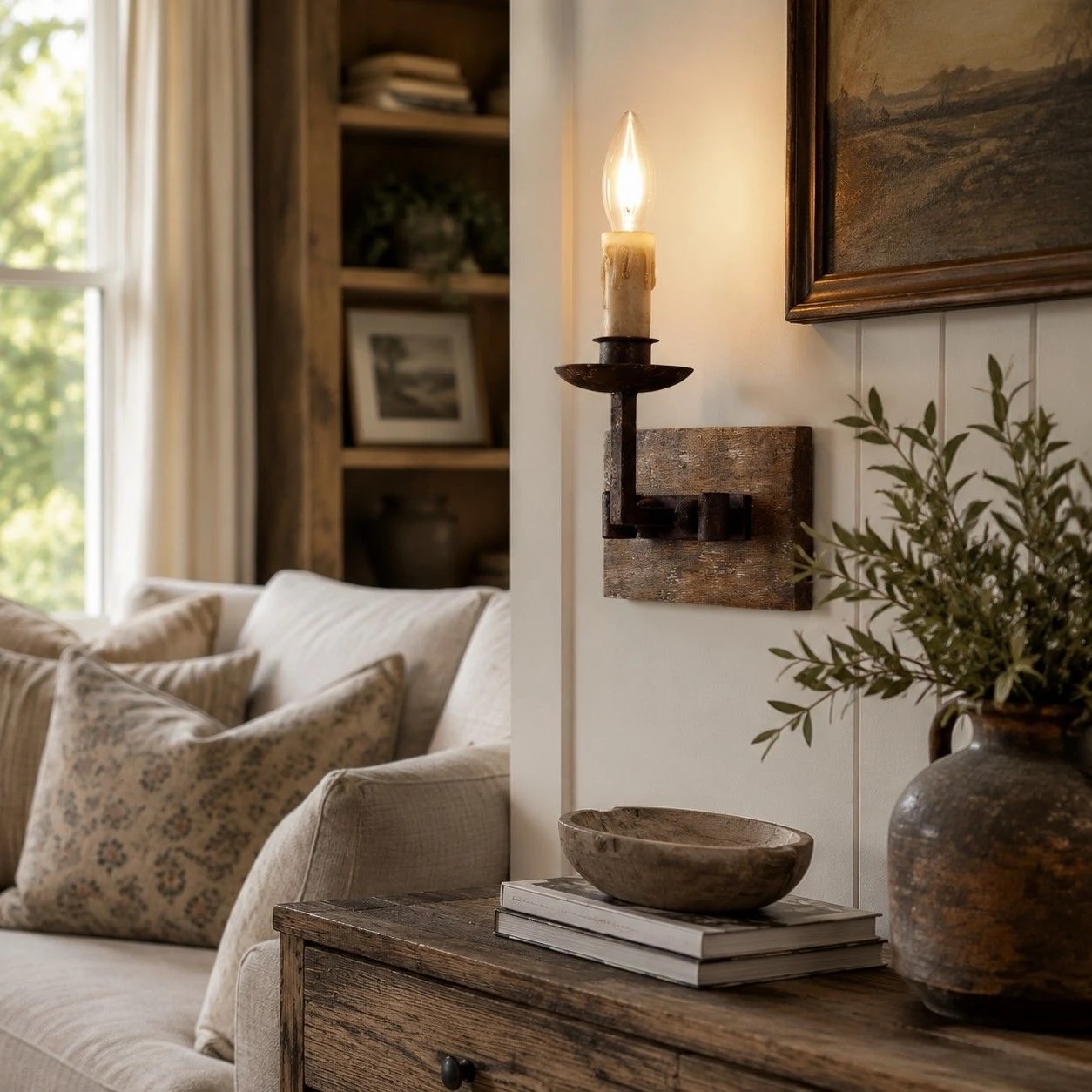 Single candle wall sconce mounted beside framed artwork