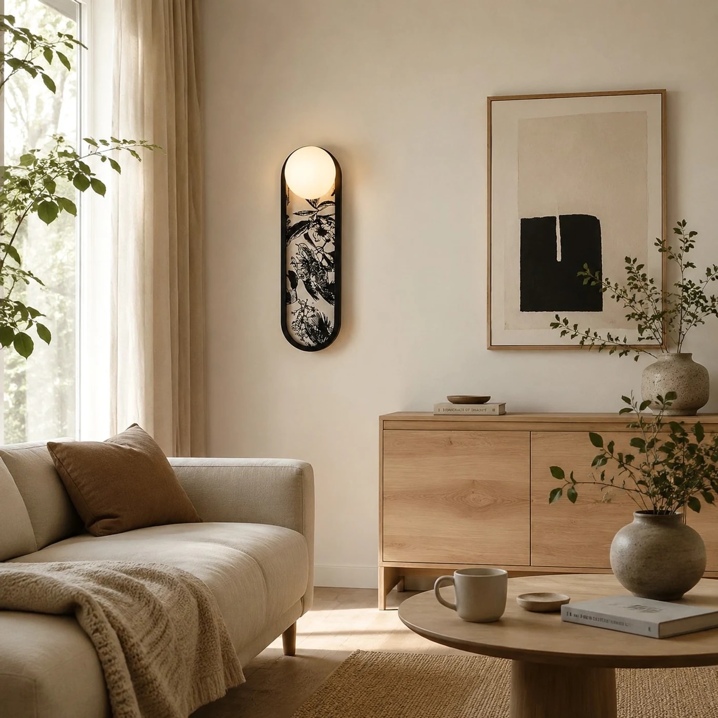 Fabric wall sconce above a console in a bright room