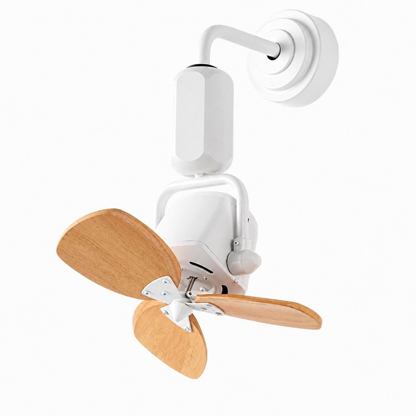 Adjustable compact fan in white with light wood grain blades