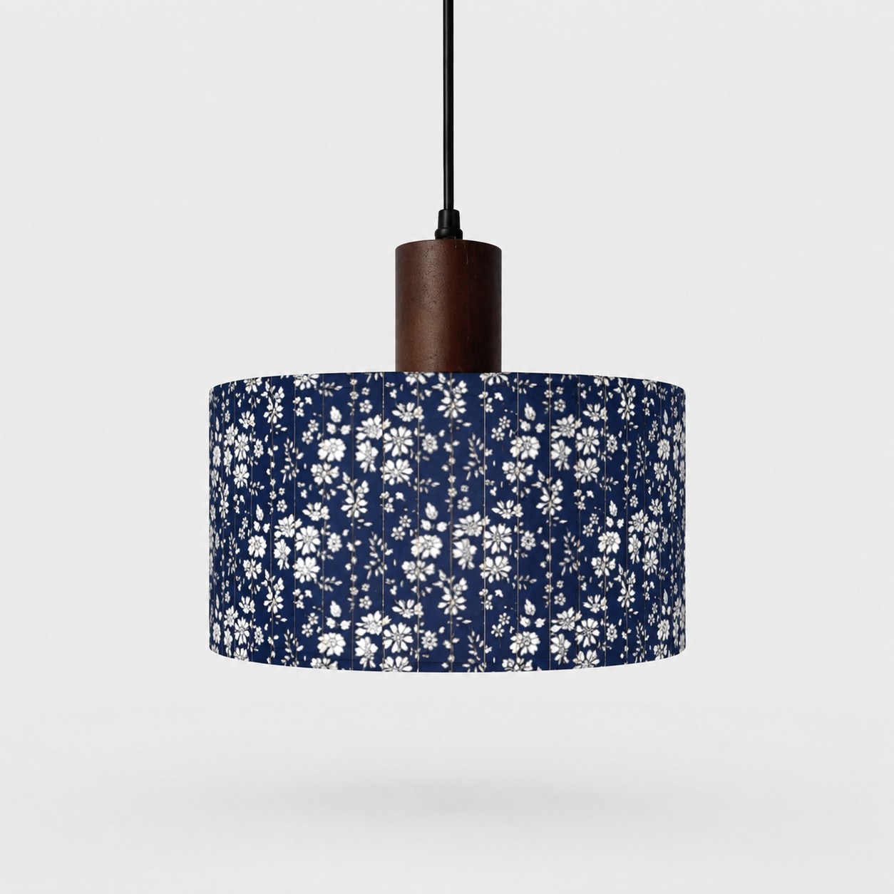 Blue floral patterned fabric drum pendant light, 25 cm shade
