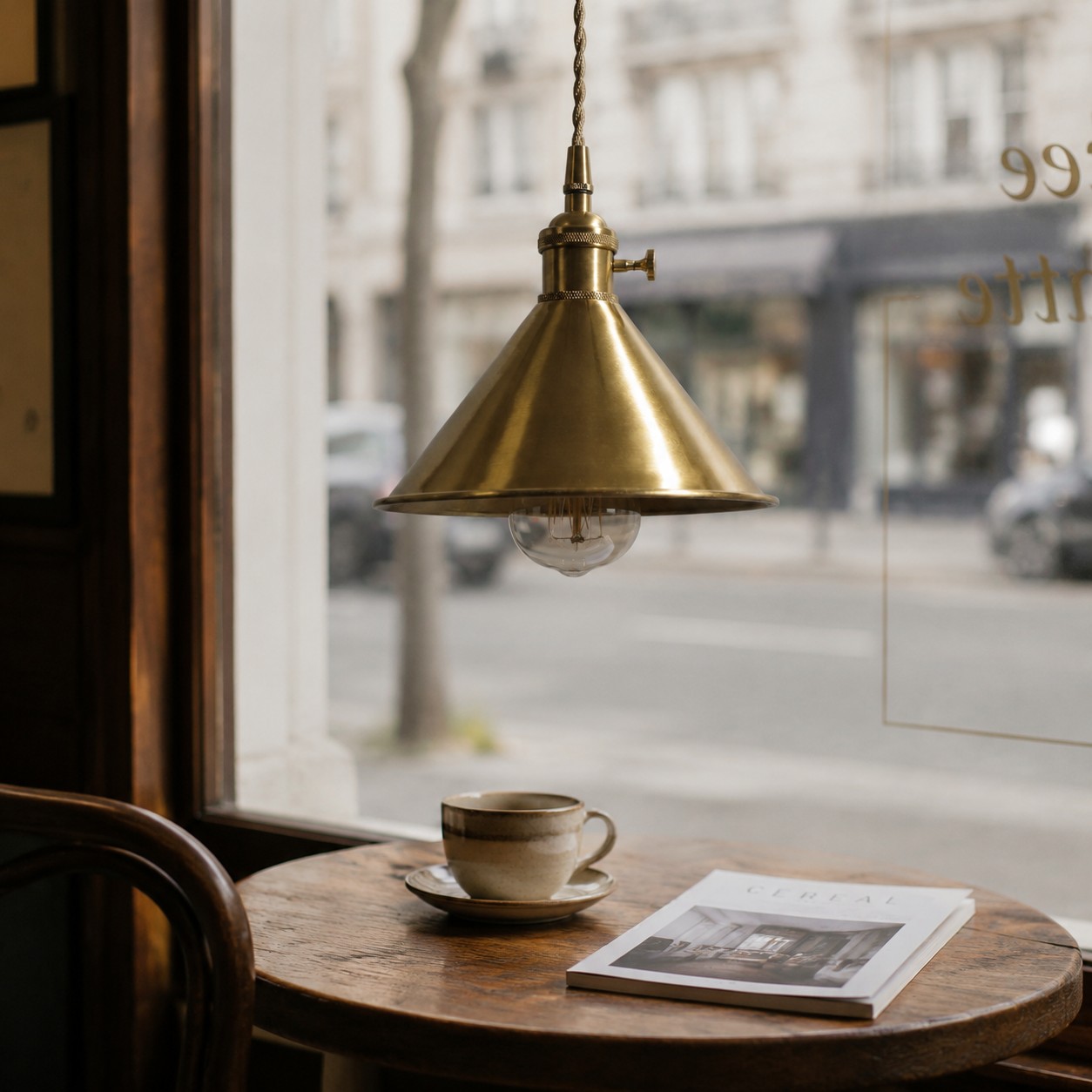 Conical copper pendant light in a cafe interior