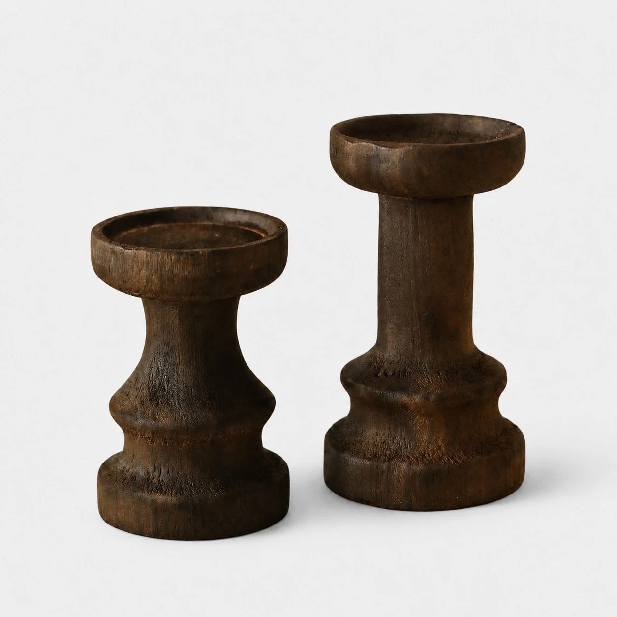 Tall and short solid wood candle holder set of two