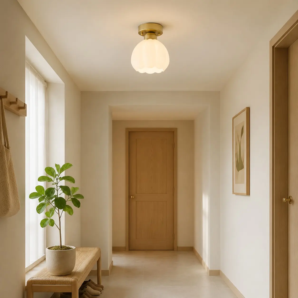 Milk glass flower ceiling light in a hallway