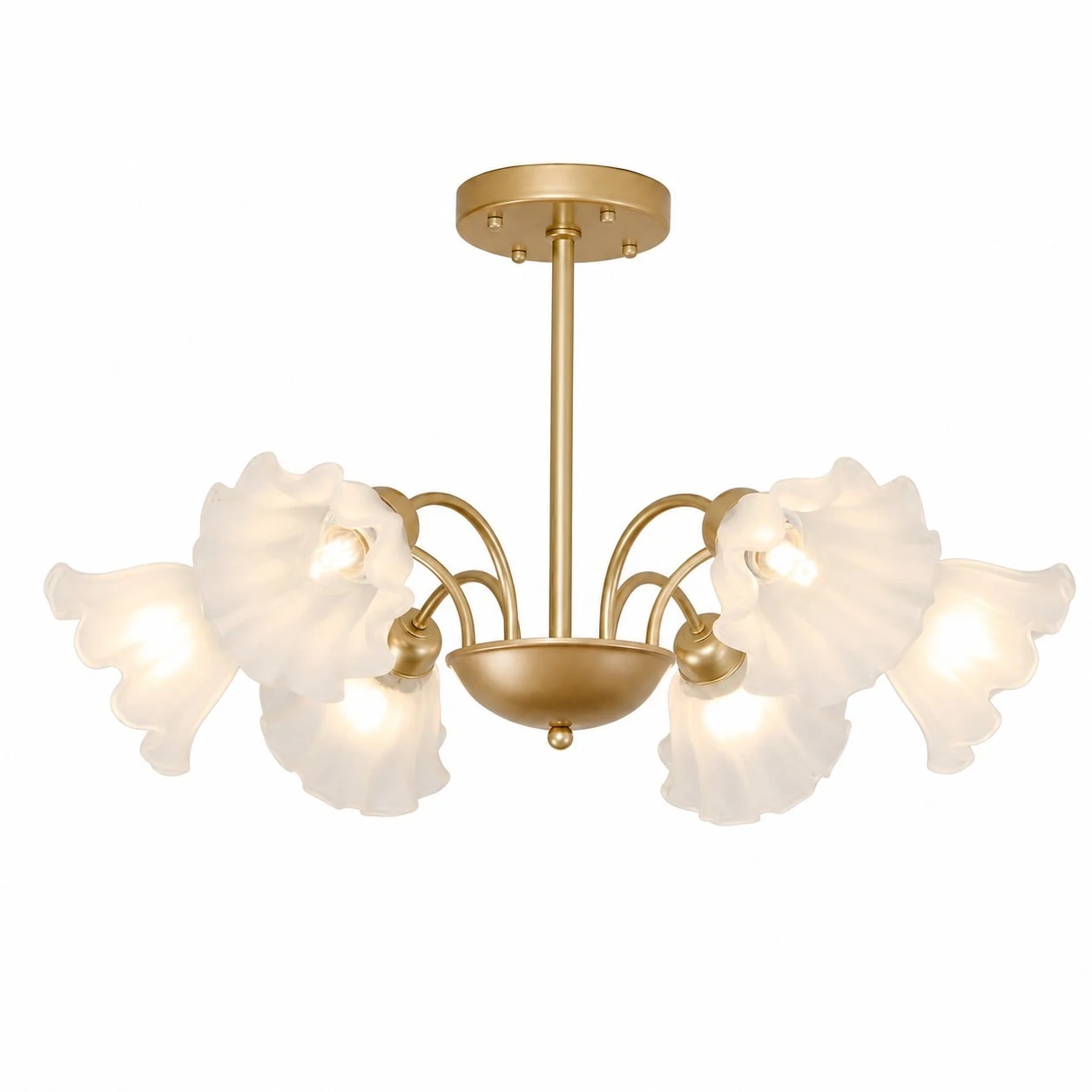 Gold-finished iron six-arm floral glass chandelier on a white background