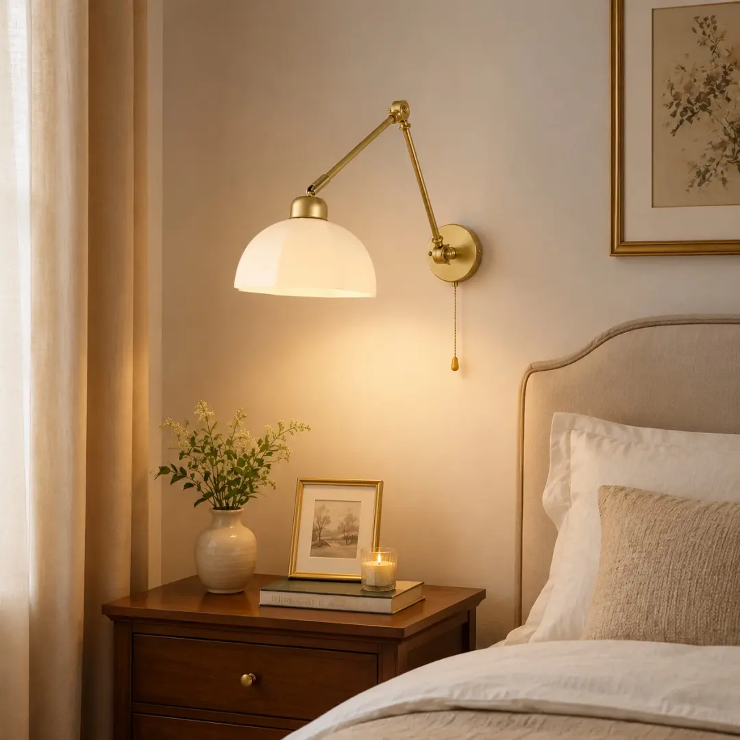 Gold swing arm wall lamp beside a bed