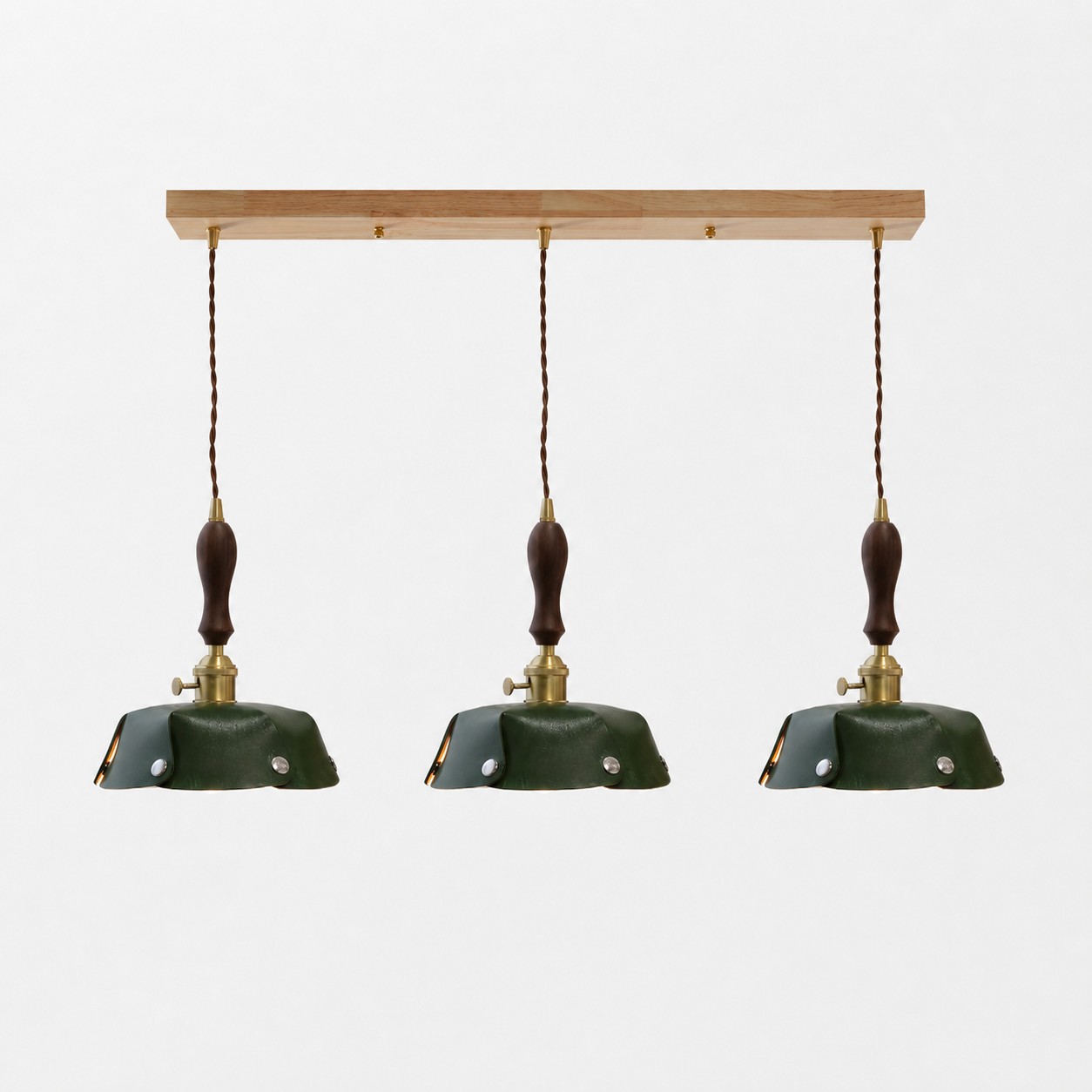 3-Light Linear Pendant Deep Green Leather Bar 75 cm / 29.5 in; Shade Dia. 25 cm / 9.8 in