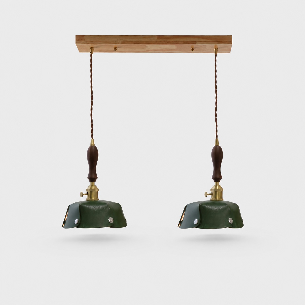 2-Light Linear Pendant Deep Green Leather Bar 50 cm / 19.7 in; Shade Dia. 20 cm / 7.9 in