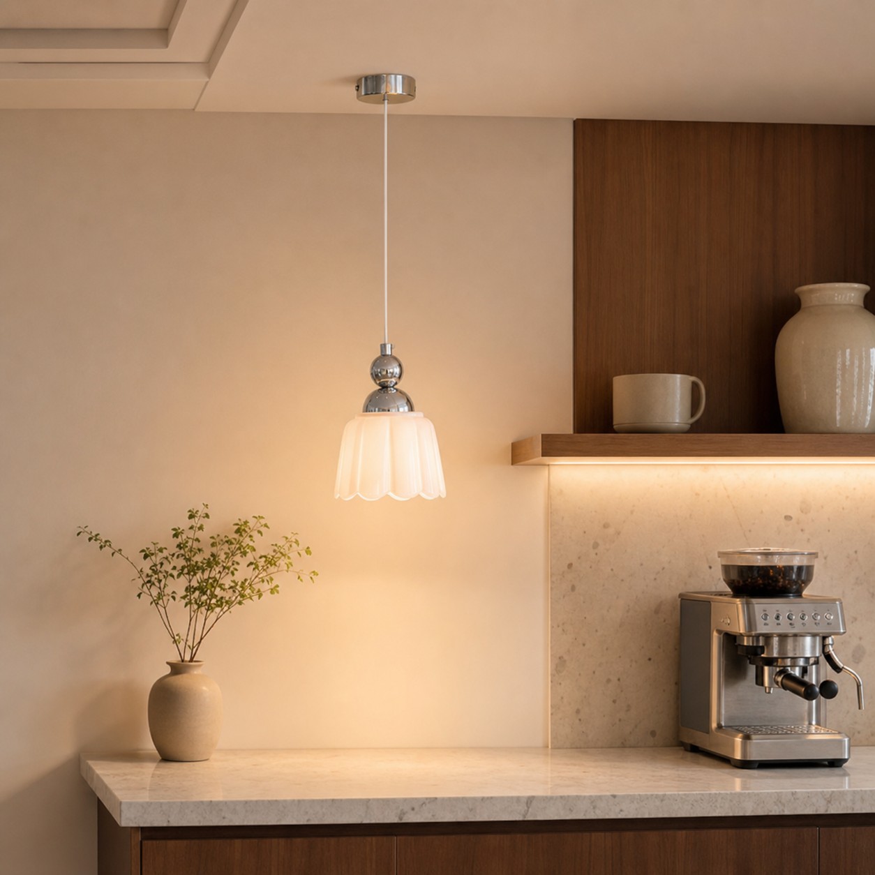 White ceramic pendant lamp above a kitchen counter